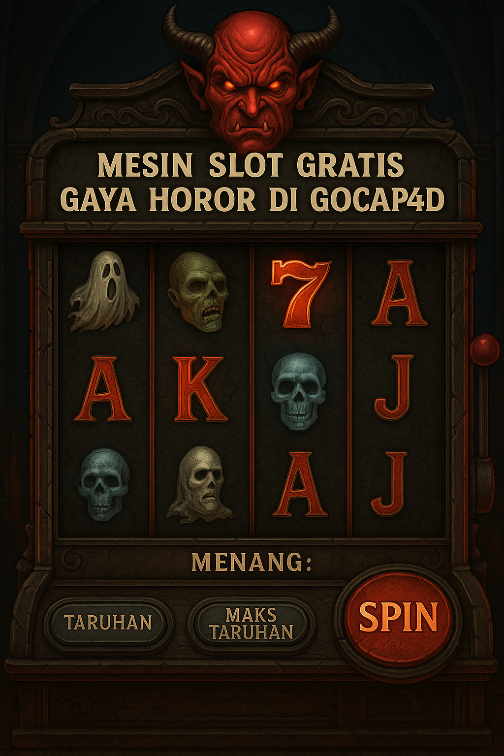 Mesin slot Gocap4d tema horor dengan simbol tengkorak, dan hantu,
