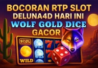 Ilustrasi 3D slot online Wolf Gold Dice dengan tema serigala dan bocoran RTP tinggi di DELUNA4D