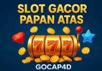 Ilustrasi 3D slot gacor papan atas GOCAP4D dengan mesin slot emas 777, koin bertebaran, permata merah, dan bintang biru sebagai simbol kemenangan besar.