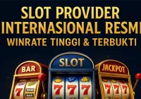 3D ilustrasi slot provider internasional resmi dengan winrate tinggi dan RTP terbukti, menampilkan simbol jackpot, gulungan slot modern, dan nuansa global premium.